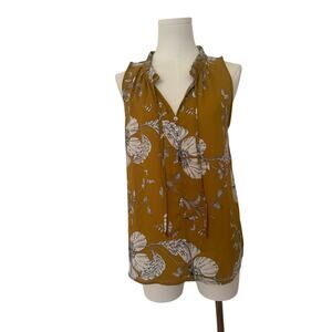 West K Sleeveless V & Button & Tie-Front Ruffle Collar Blouse Mustard Floral - L